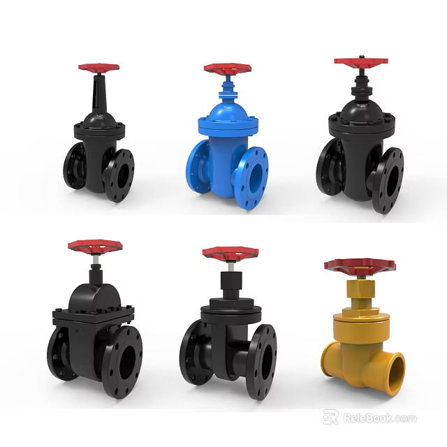 Black Blue Yellow Gate Valves Featuring Red Handles And Durable Design 3d model 