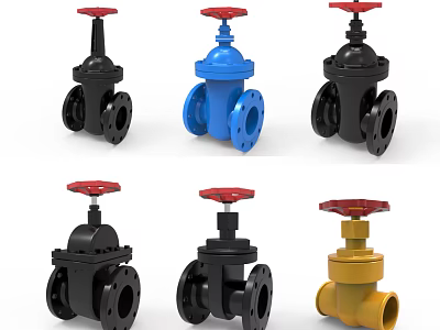 Black Blue Yellow Gate Valves Featuring Red Handles And Durable Design 3d model