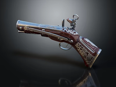 Vintage Ornate Weapon Flintlock Pistol Featuring Engraved Metal And Wooden Grip 3d model
