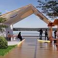 Modern Wooden Pergola in Outdoor Natural Landscape with Water Reflection People Seating and Warm Lighting