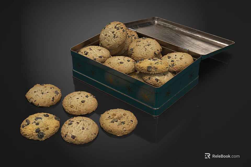 Delicious Chocolate Chip Cookies In Open Metal Tin With Scattered Pieces 3d model 
