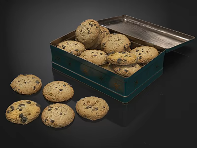Delicious Chocolate Chip Cookies In Open Metal Tin With Scattered Pieces 3d model