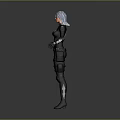 Blue Haired Female Character Wearing Glasses Black Tactical Outfit With Combat Gear Standing Arms Outstretched