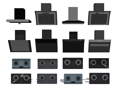 Various Designs of Kitchen Appliances Featuring Range Hoods and Gas Hobs 3d model