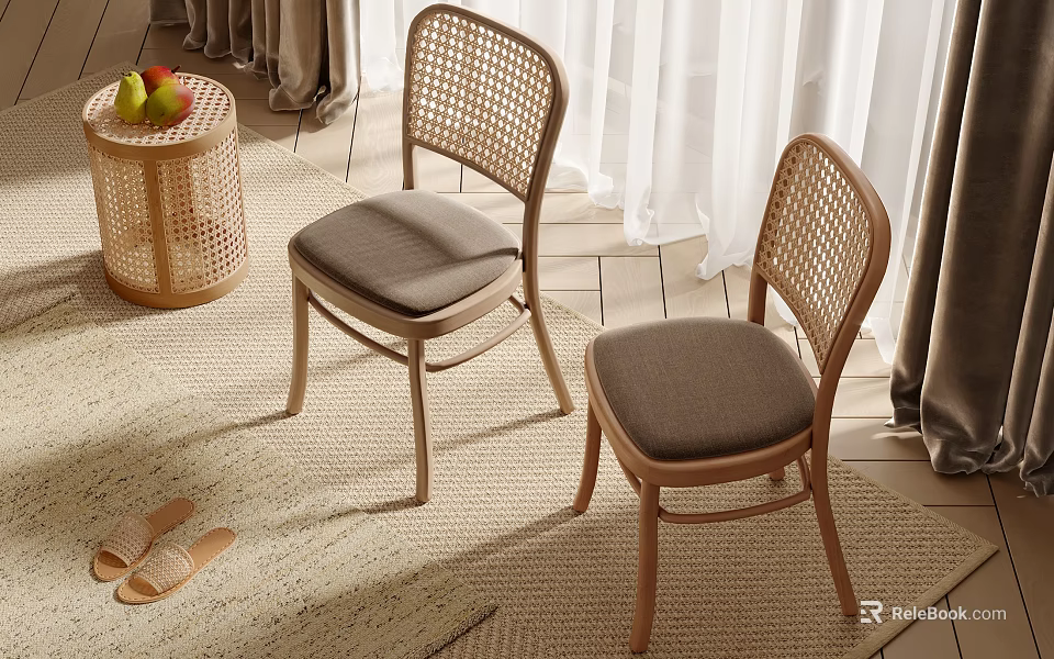 Comfortable Lounge Chairs With Rattan Backrest Wooden Frame Gray Cushion And Cozy Indoor Rug 3d model 