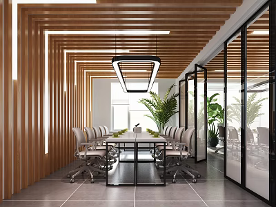 Modern Conference Room With Wooden Decor Long Table Chairs And Glass Partitions 3d model