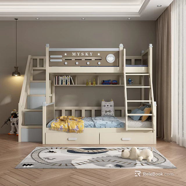 Kids Bunk Bed With Stairs Storage Drawers Bookshelf MY SKY Sign And Cozy Mattress 3d model 
