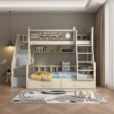 Kids Bunk Bed With Stairs Storage Drawers Bookshelf MY SKY Sign And Cozy Mattress 3d model