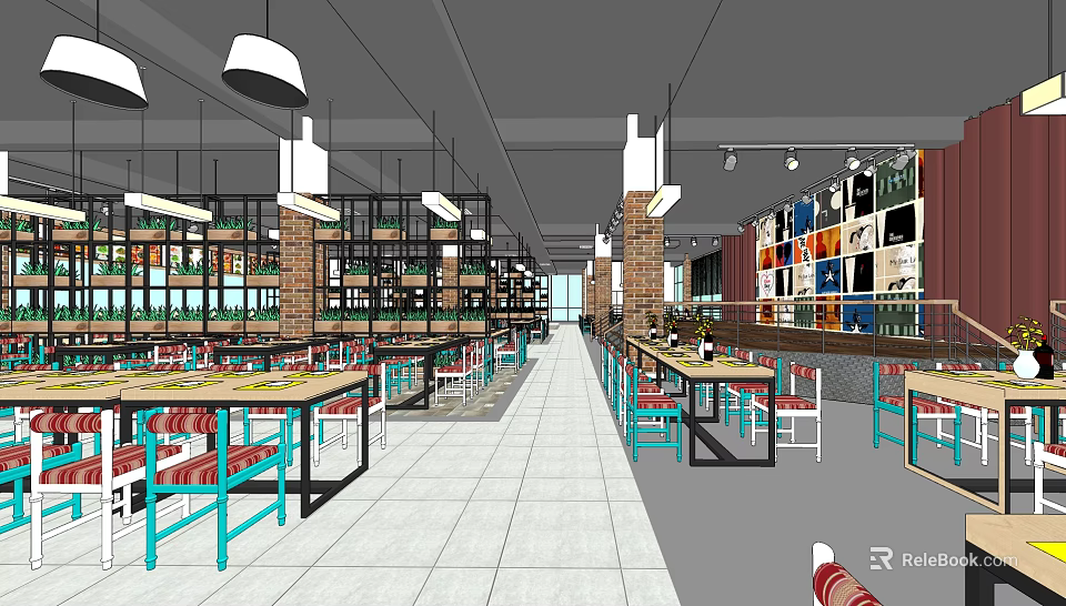 Modern Café Interior Design With Long Tables Colorful Chairs Bookshelves And Pendant Lights 3d model 