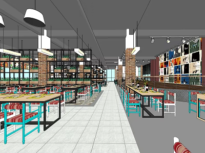 Modern Café Interior Design With Long Tables Colorful Chairs Bookshelves And Pendant Lights 3d model