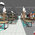 Modern Café Interior Design With Long Tables Colorful Chairs Bookshelves And Pendant Lights