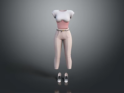 Women's Fashion Outfit With White T shirt Pink Belt Beige Pants And Casual Shoes 3d model