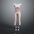 Women's Fashion Outfit With White T shirt Pink Belt Beige Pants And Casual Shoes