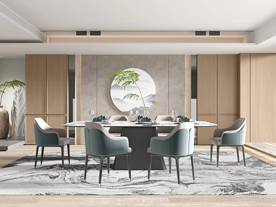 Dining Room Interior With Round Mirror Wooden Cabinets Blue Chairs Patterned Rug And Green Plant 3d model