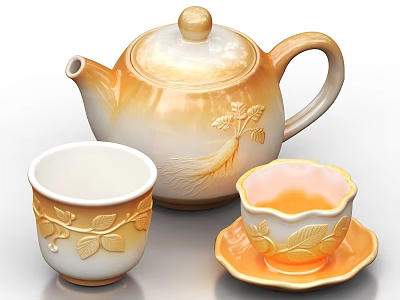 Elegant Ceramic Tea Set with Orange Yellow Teapot Teacup and Leaf Decorations 3d model
