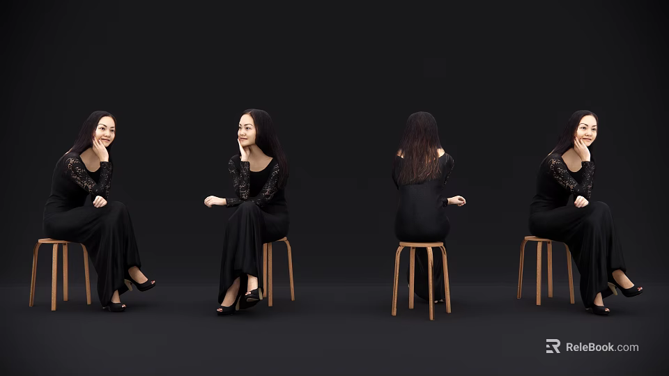 Woman in Black Dress Sitting on Wooden Stool from Different Angles with Black Background 3d model 