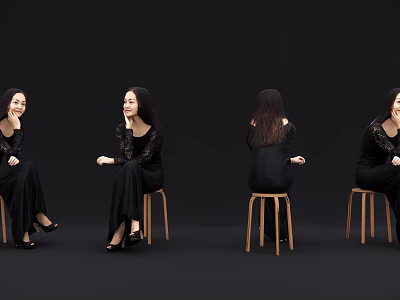 Woman in Black Dress Sitting on Wooden Stool from Different Angles with Black Background 3d model