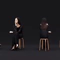 Woman in Black Dress Sitting on Wooden Stool from Different Angles with Black Background