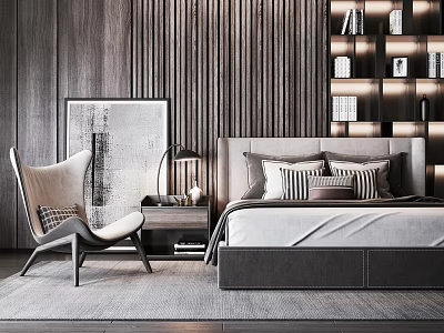 Modern Double Bed In Background With Wooden Wall Bedside Table And Accent Chair 3d model
