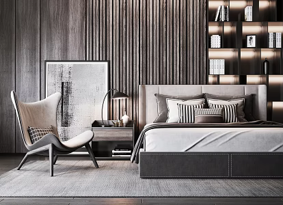 Modern background double bed chair combination 3d model
