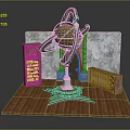 Detailed 3D Interior Scene With Globe Bookshelf Stone Wall Wooden Door Balustrade And Wooden Floor
