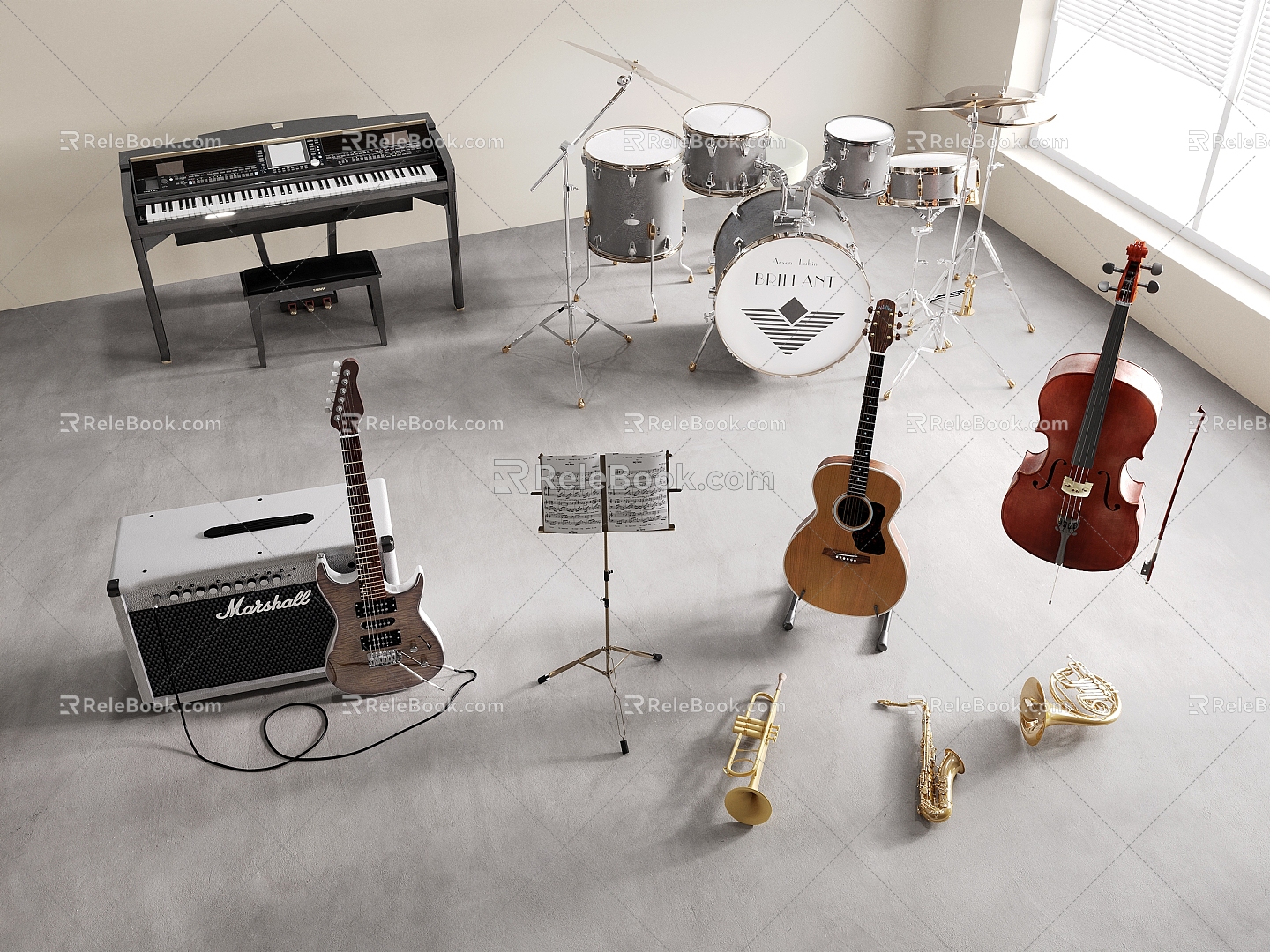 Modern Musical Instrument Combination Drums Electronic Piano Guitar Cello 3d model