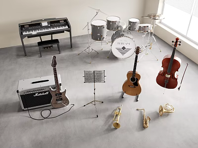 Various Musical Instruments Including Piano Drum Set Guitar Cello And Saxophone In Room 3d model