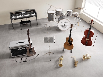 Modern Musical Instrument Combination Drums Electronic Piano Guitar Cello 3d model