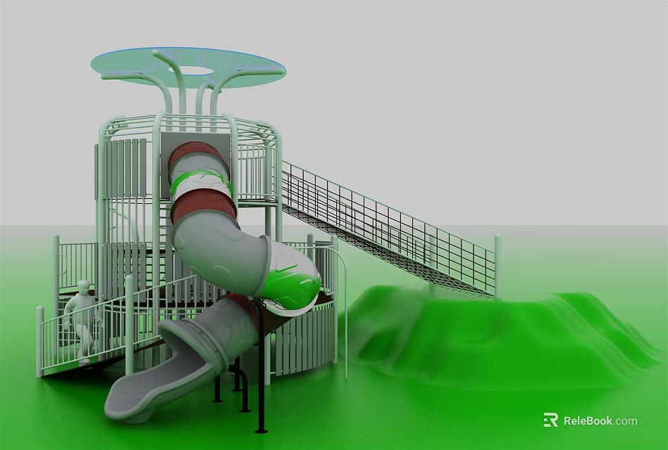 Fun Outdoor Playground Equipment with Slide Staircase Transparent Canopy and Green Hills 3d model 