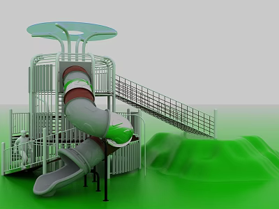 Fun Outdoor Playground Equipment with Slide Staircase Transparent Canopy and Green Hills 3d model