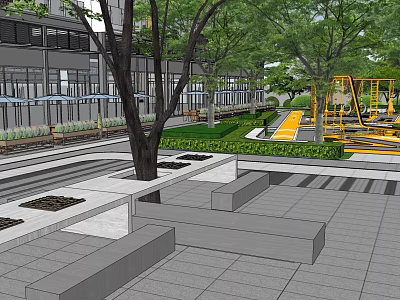 Modern Commercial Landscape With Trees Lawn Plaza Seating Areas And Playground 3d model