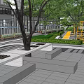 Modern Commercial Landscape With Trees Lawn Plaza Seating Areas And Playground