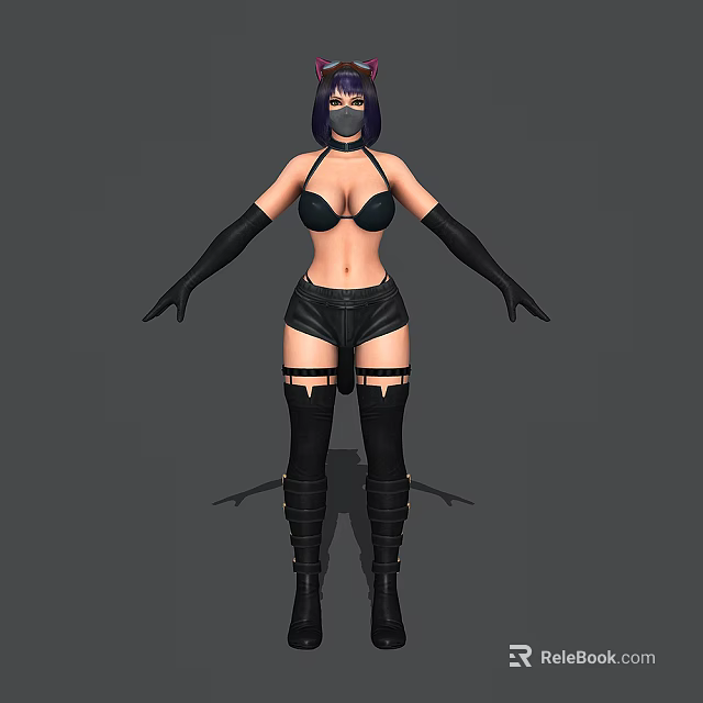 Game Movie Character In Black Bikini Top Leather Shorts Thigh High Boots Mask And Gloves 3d model 