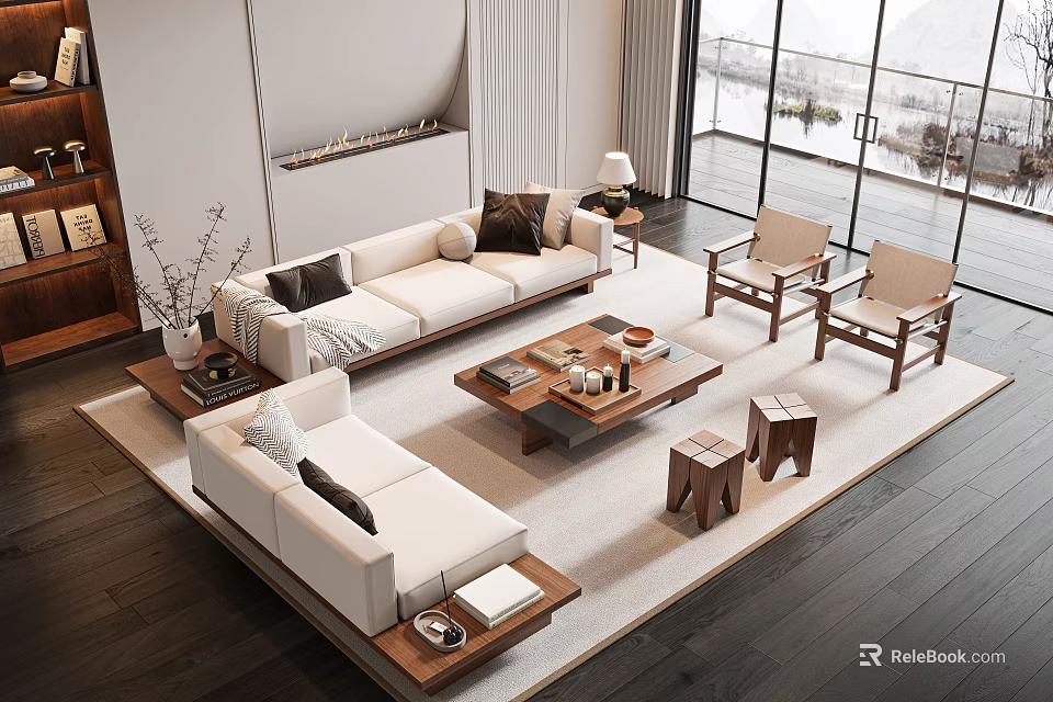 Modern White Sofa And Wooden Coffee Table In Living Room With Large Windows 3d model 