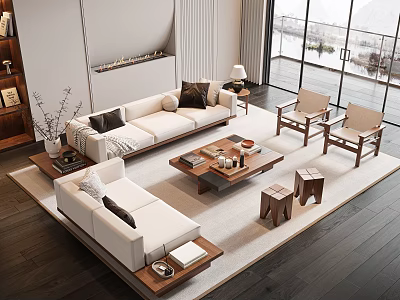 Modern White Sofa And Wooden Coffee Table In Living Room With Large Windows 3d model