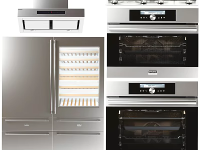 Modern Stainless Steel Kitchen Appliances Including Range Hood Refrigerator And Ovens 3d model