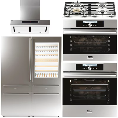 Modern Stainless Steel Kitchen Appliances Including Range Hood Refrigerator And Ovens 3d model