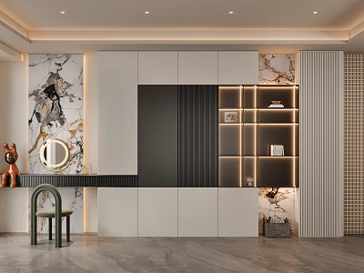 Modern Wardrobe Interior With White Black Cabinet Doors Lighted Shelves Dressing Table And Marble Wall 3d model