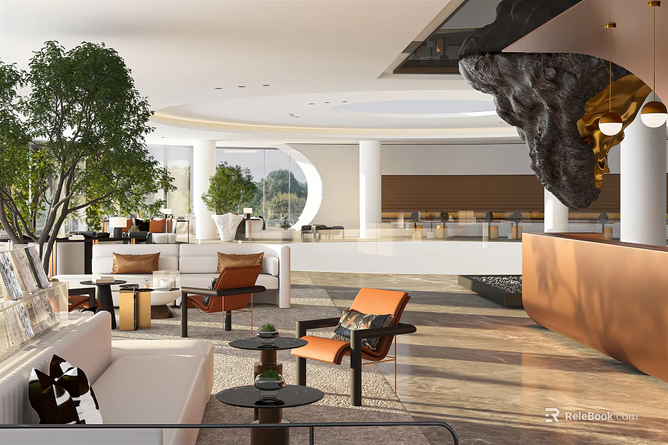 Modern Lounge Area Interior With Sofa Armchairs Green Plants Circular Window And Natural Light 3d model 