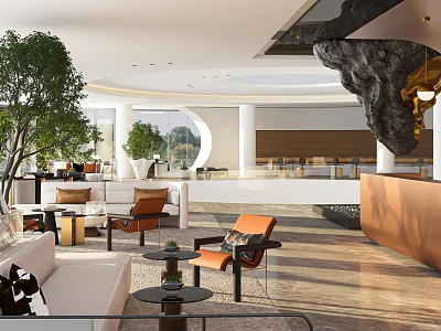 Modern Lounge Area Interior With Sofa Armchairs Green Plants Circular Window And Natural Light 3d model