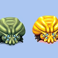 Green And Yellow Alien Creatures With Big Blue Eyes And Spiky Legs