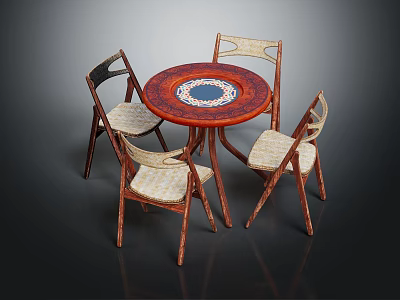 Round Dining Table with Four Chairs Wooden Frame and Woven Seats Decorative Center 3d model