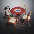 Round Dining Table with Four Chairs Wooden Frame and Woven Seats Decorative Center