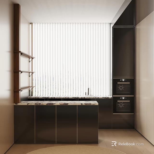 Modern Kitchen With White Vertical Blinds Black Cabinets Countertop And Built In Ovens 3d model 