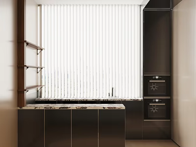 Modern Kitchen With White Vertical Blinds Black Cabinets Countertop And Built In Ovens 3d model