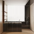 Modern Kitchen With White Vertical Blinds Black Cabinets Countertop And Built In Ovens