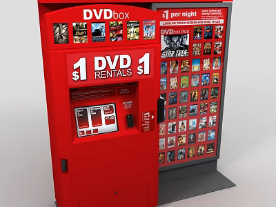Red DVD Rental Machine Displaying Various DVD Covers For Movie Rental Service 3d model