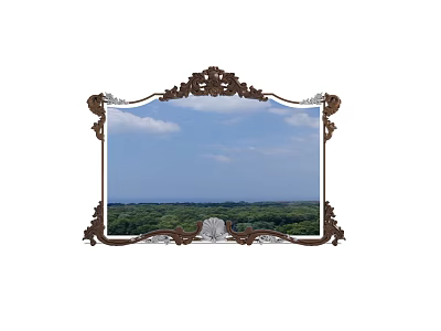 Ornate Mirror with Intricate Carved Frame Reflecting Blue Sky White Clouds and Green Trees 3d model