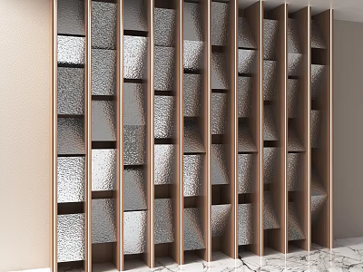 Modern Room Divider With Wooden Frame And Textured Metallic Geometric Panels 3d model