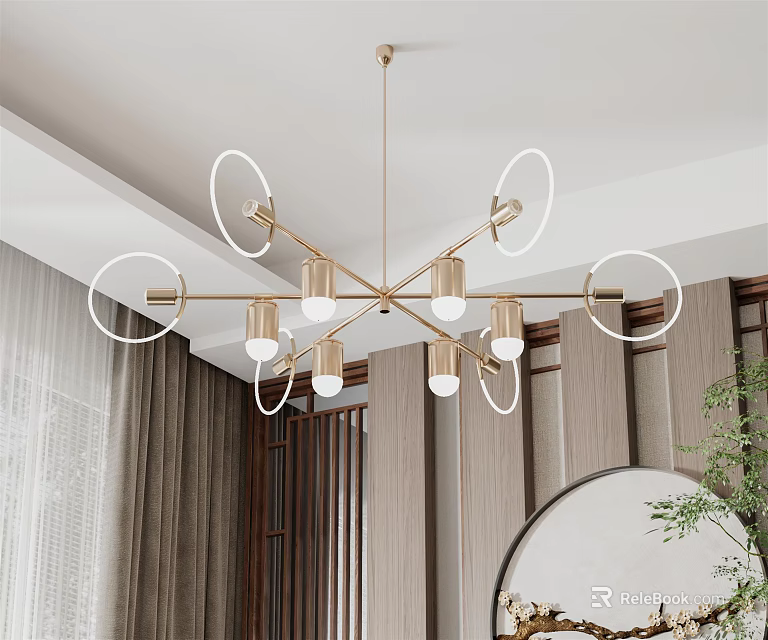 Modern Chandelier Featuring Golden Frame Circular Rings And White Bulbs In Interior 3d model 